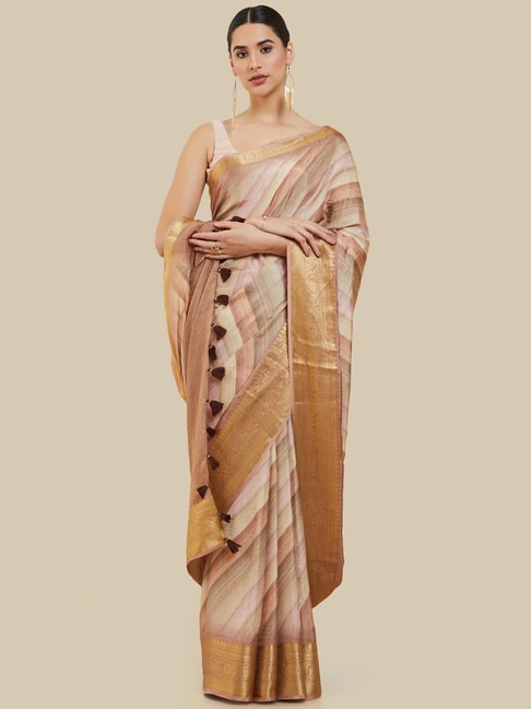 Soch Beige & Brown Silk Striped Saree With Unstitched Blouse Price in India