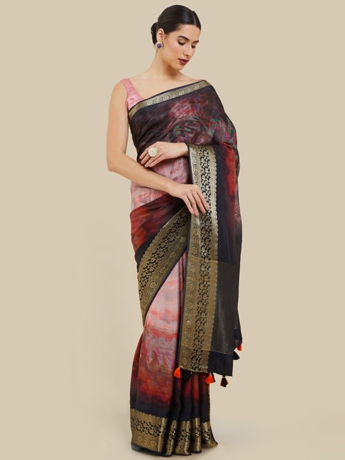 Soch Black & Peach Silk Woven Saree With Unstitched Blouse Price in India