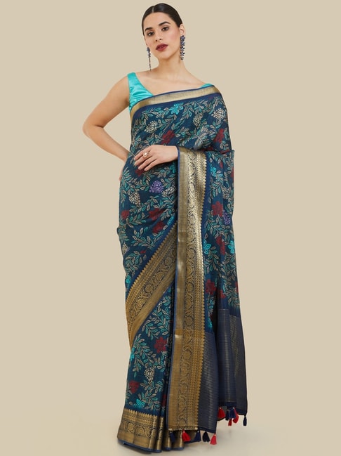 Soch Navy Silk Floral Print Saree With Unstitched Blouse Price in India