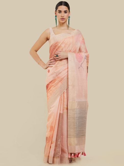 Soch Peach Linen Floral Print Saree With Unstitched Blouse Price in India