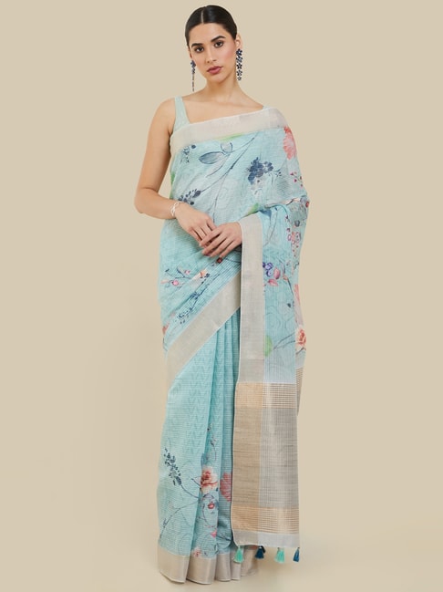 Soch Sky Blue Linen Floral Print Saree With Unstitched Blouse Price in India