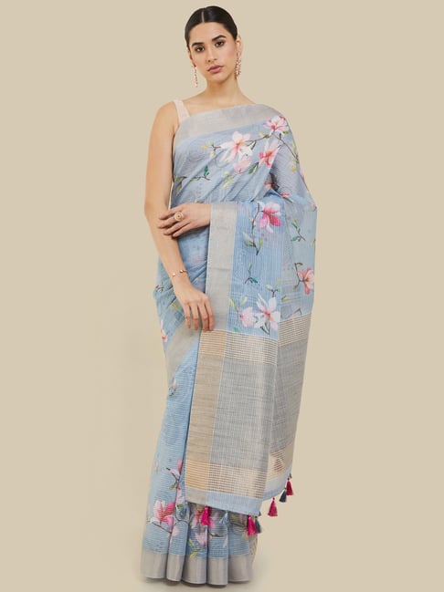 Soch Blue Linen Floral Print Saree With Unstitched Blouse Price in India