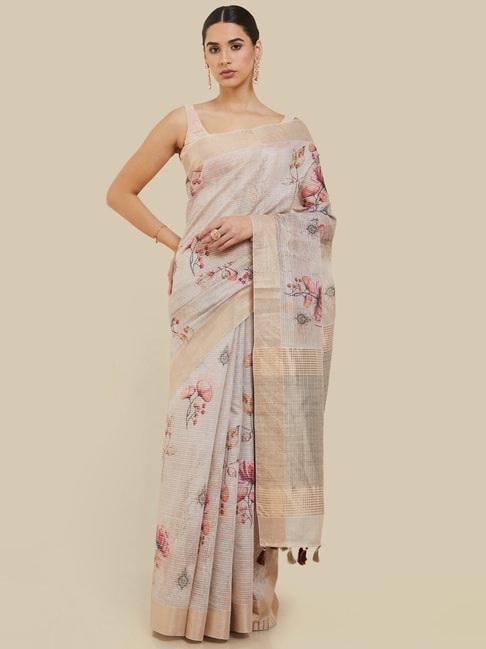 Soch Beige Linen Floral Print Saree With Unstitched Blouse Price in India