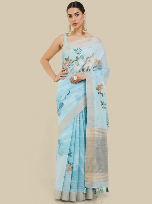 Soch Blue Linen Floral Print Saree With Unstitched Blouse Price in India