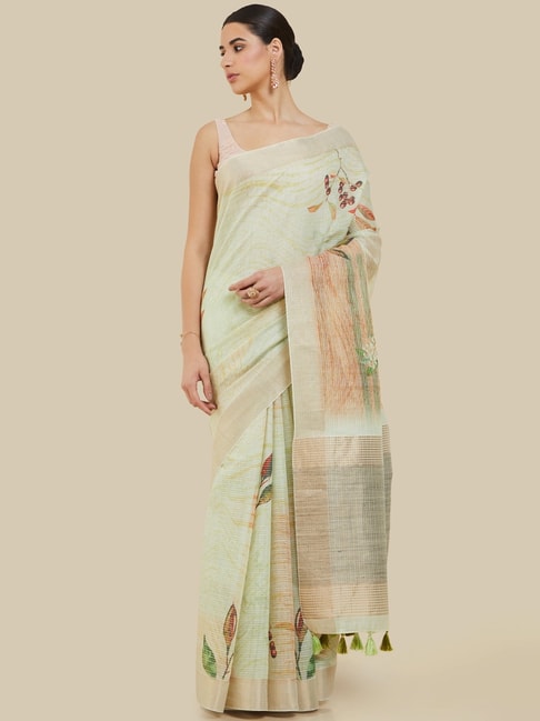 Soch Green Linen Printed Saree With Unstitched Blouse Price in India