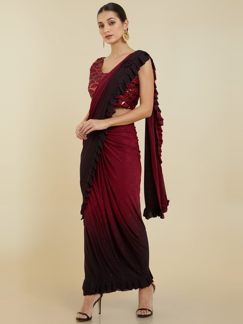 Soch Red & Black Saree With Unstitched Blouse Price in India