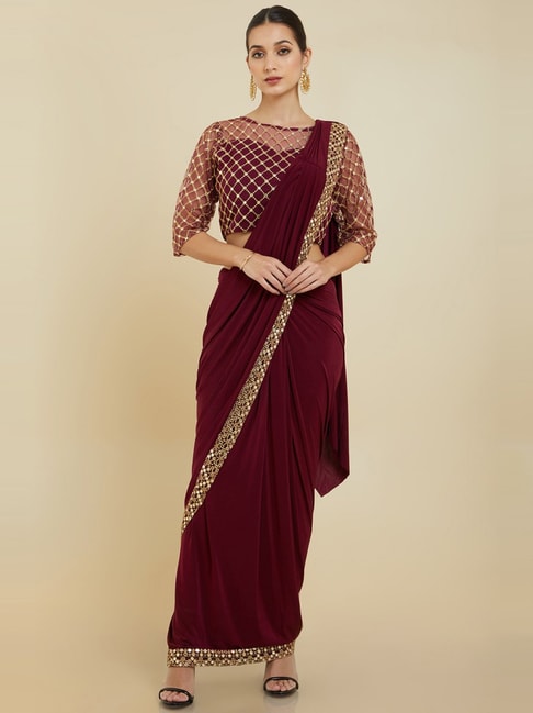 Soch Wine Crepe Ombre Ruffle Ready To Wear Saree Price in India