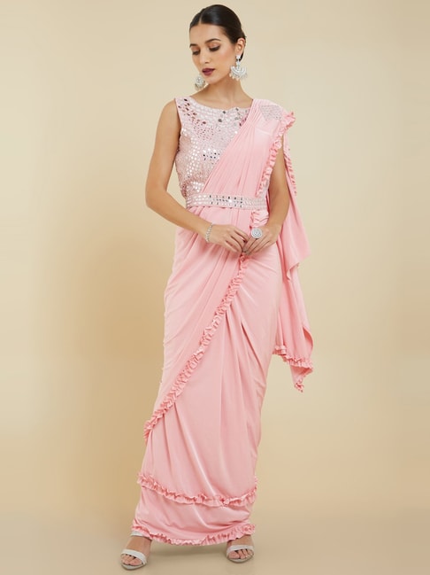 Soch Pink Crepe Ombre Ruffle Ready To Wear Saree Price in India