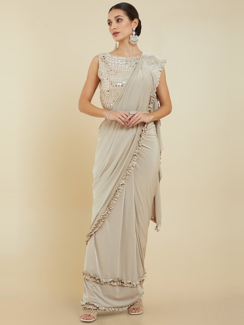 Soch Beige Crepe Ombre Ruffle Ready To Wear Saree Price in India