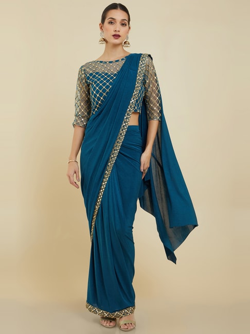 Soch Teal Blue Embellished Saree With Unstitched Blouse Price in India