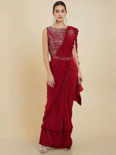Soch Maroon Crepe Ombre Ruffle Ready To Wear Saree Price in India