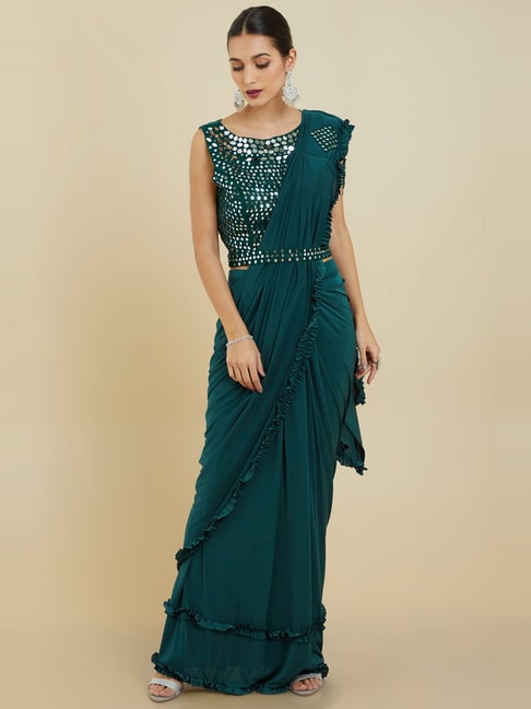 Soch Teal Crepe Ombre Ruffle Ready To Wear Saree Price in India