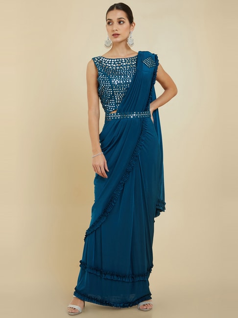 Soch Blue Crepe Ombre Ruffle Ready To Wear Saree Price in India