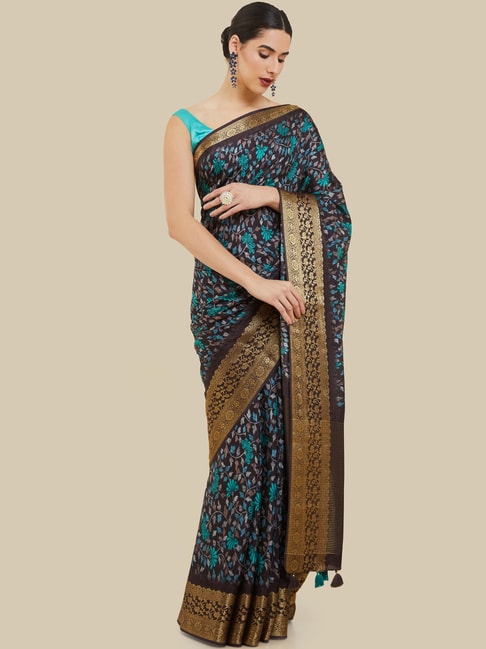 Soch Brown Silk Floral Print Saree With Unstitched Blouse Price in India