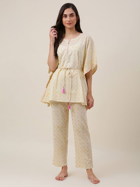 Fabindia Yellow Cotton Printed Kaftan Pyjama Set-picture-21