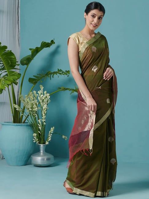 Fabindia Green Cotton Silk Woven Saree Price in India