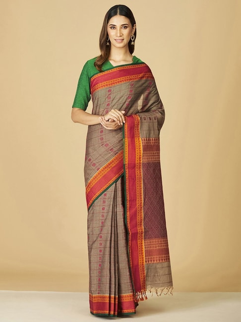 Fabindia Grey & Orange Cotton Woven Saree Price in India