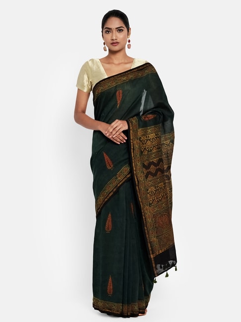 Fabindia Green Cotton Silk Printed Saree Price in India