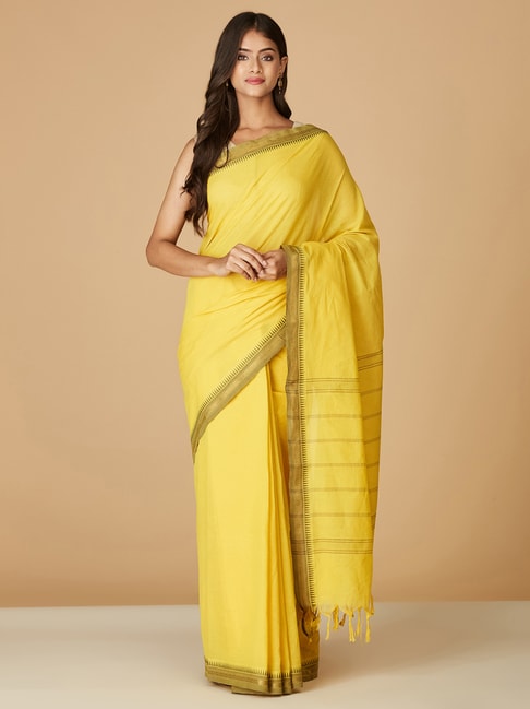 Fabindia Yellow Cotton Woven Saree Price in India