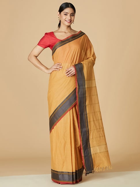 Fabindia Yellow Cotton Woven Saree Price in India