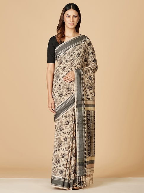 Fabindia Beige & Black Cotton Printed Saree Price in India