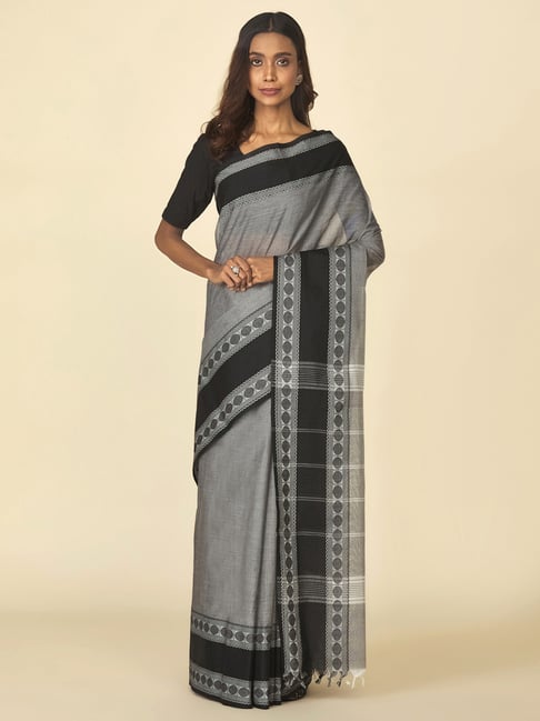 Fabindia Grey & Black Cotton Woven Saree Price in India