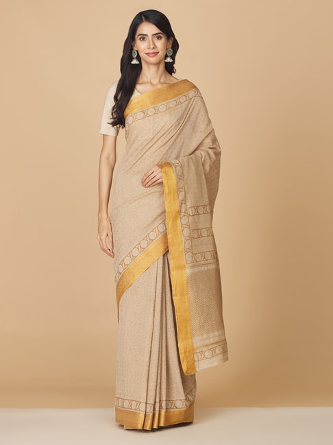 Fabindia Beige & Golden Cotton Printed Saree Price in India