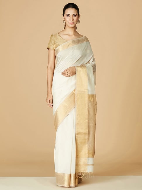 Fabindia Beige & Golden Cotton Silk Woven Saree Price in India