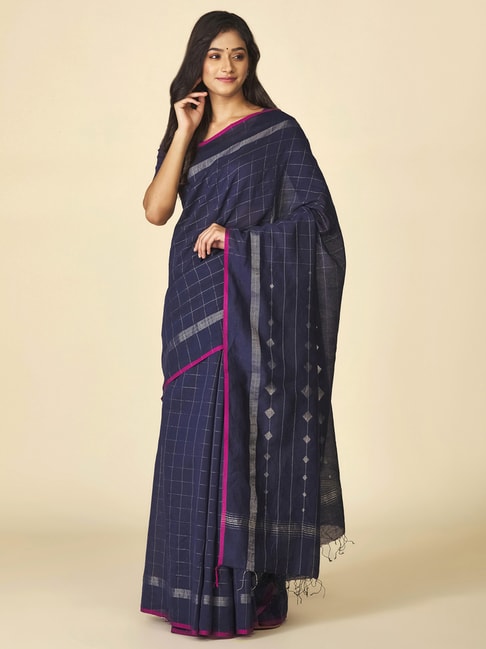 Fabindia Navy Cotton Silk Woven Saree Price in India