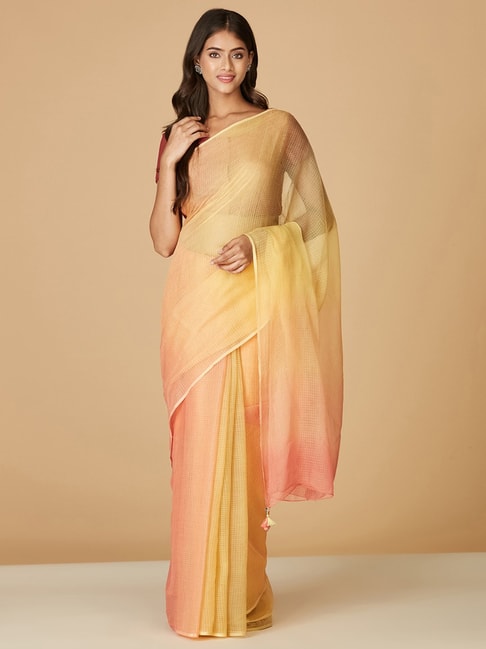 Fabindia Yellow & Pink Cotton Woven Saree Price in India