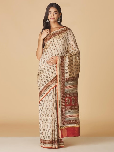 Fabindia Beige & Maroon Cotton Silk Woven Saree Price in India