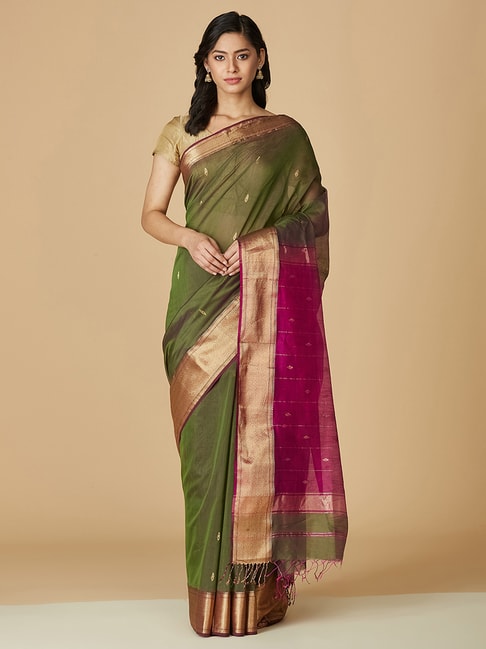 Fabindia Green & Pink Cotton Silk Woven Saree Price in India