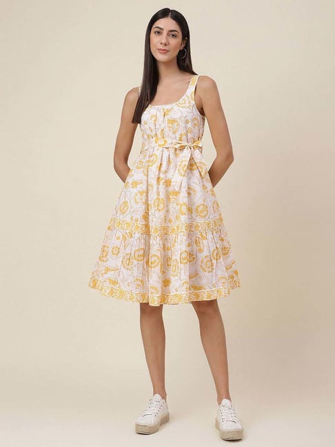 Fabindia Yellow Cotton Printed A-Line Dress Price in India