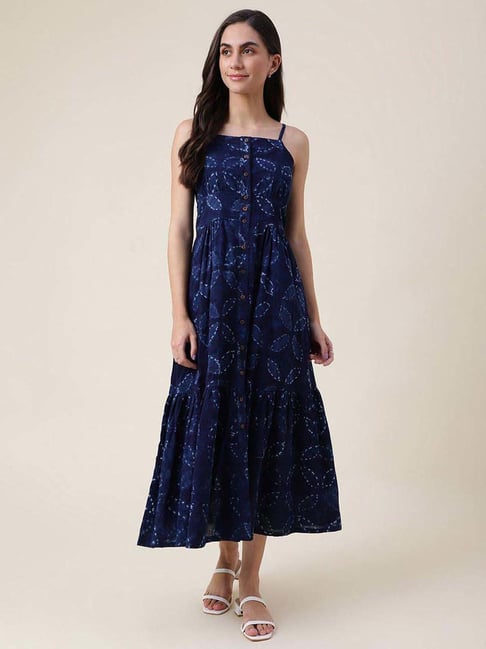 Fabindia Blue Cotton Printed A-Line Dress Price in India
