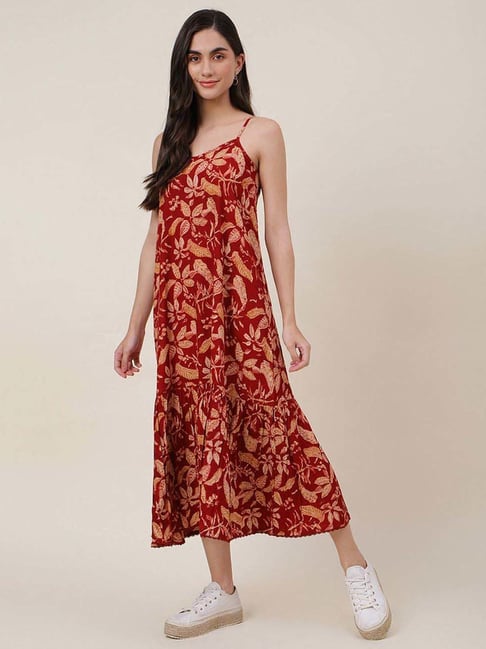 Fabindia Maroon Printed A-Line Dress