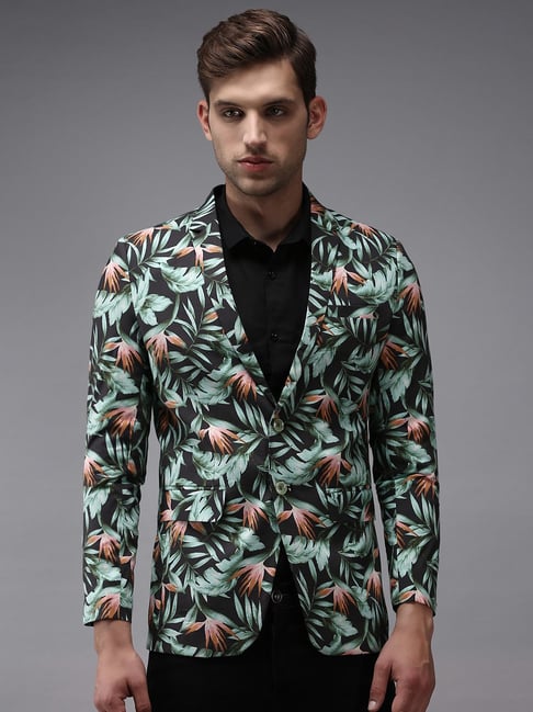 Buy Showoff Black Cotton Regular Fit Floral Print Blazer for Mens