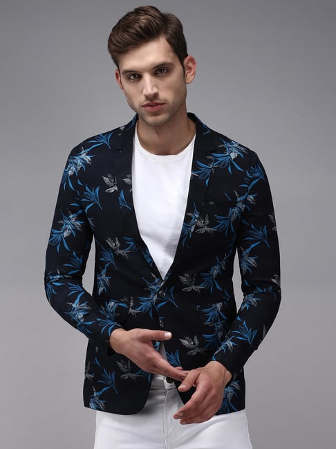 Buy Showoff Navy Blue Cotton Regular Fit Floral Print Blazer for
