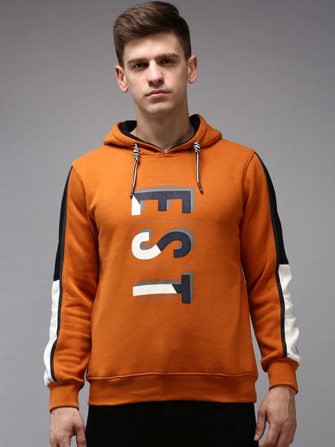 Buy Showoff Orange Cotton Regular Fit Printed Hooded Sweatshirt