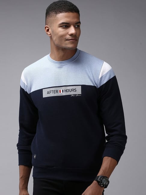 SHOWOFFFF Navy Blue Cotton Regular Fit Colour Block Sweatshirt-picture-14