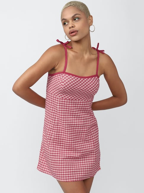 Forever 21 Pink Check Cotton Skater Dress Price in India