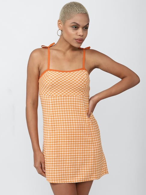 Forever 21 Orange Check Cotton Skater Dress Price in India