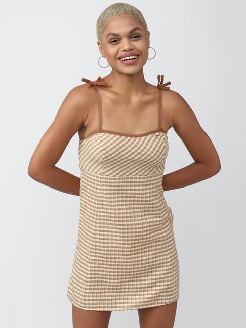 Forever 21 Beige Check Cotton Skater Dress Price in India