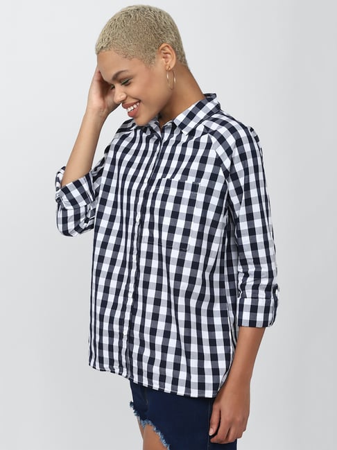 Buy Forever 21 Navy White Cotton Check Shirt for Women s Online Tata CLiQ