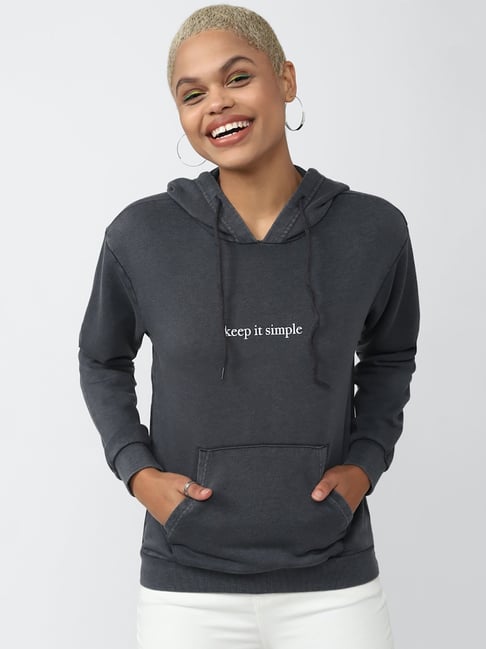 Buy Forever 21 Dark Grey Printed Hoodie for Women s Online Tata CLiQ