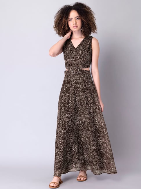 FabAlley Brown Polka Waist Cut Out Dress Price in India