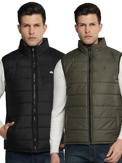 Allen cooper Black and Olive Regular fit Quilted Reversible Puffer Jacket