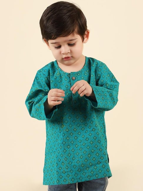Fabindia Kids Teal Blue Cotton Printed Full Sleeves Kurta-picture-17