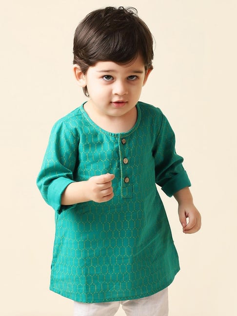 Fabindia Kids Teal Blue Cotton Printed Full Sleeves Kurta-picture-26
