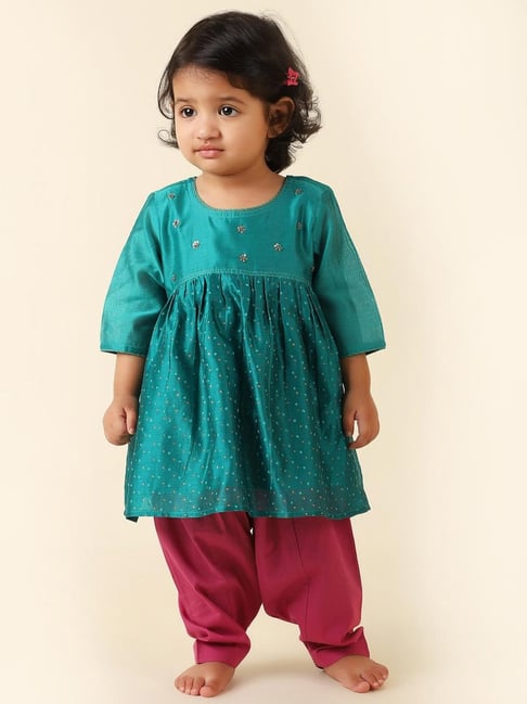Fabindia Kids Teal Blue & Purple Printed Kurta Set-picture-46