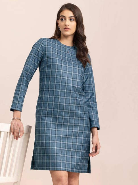 Fablestreet Blue Wool Checks Shift Dress Price in India